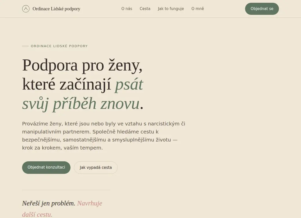 Jednostránkový web Ordinace Lidské podpory s objednávkovým systémem – reference webbeam